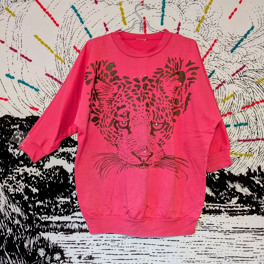 Vintage 80s Hot pink  Cheetah Graphic Bedazzled Sweatshirt